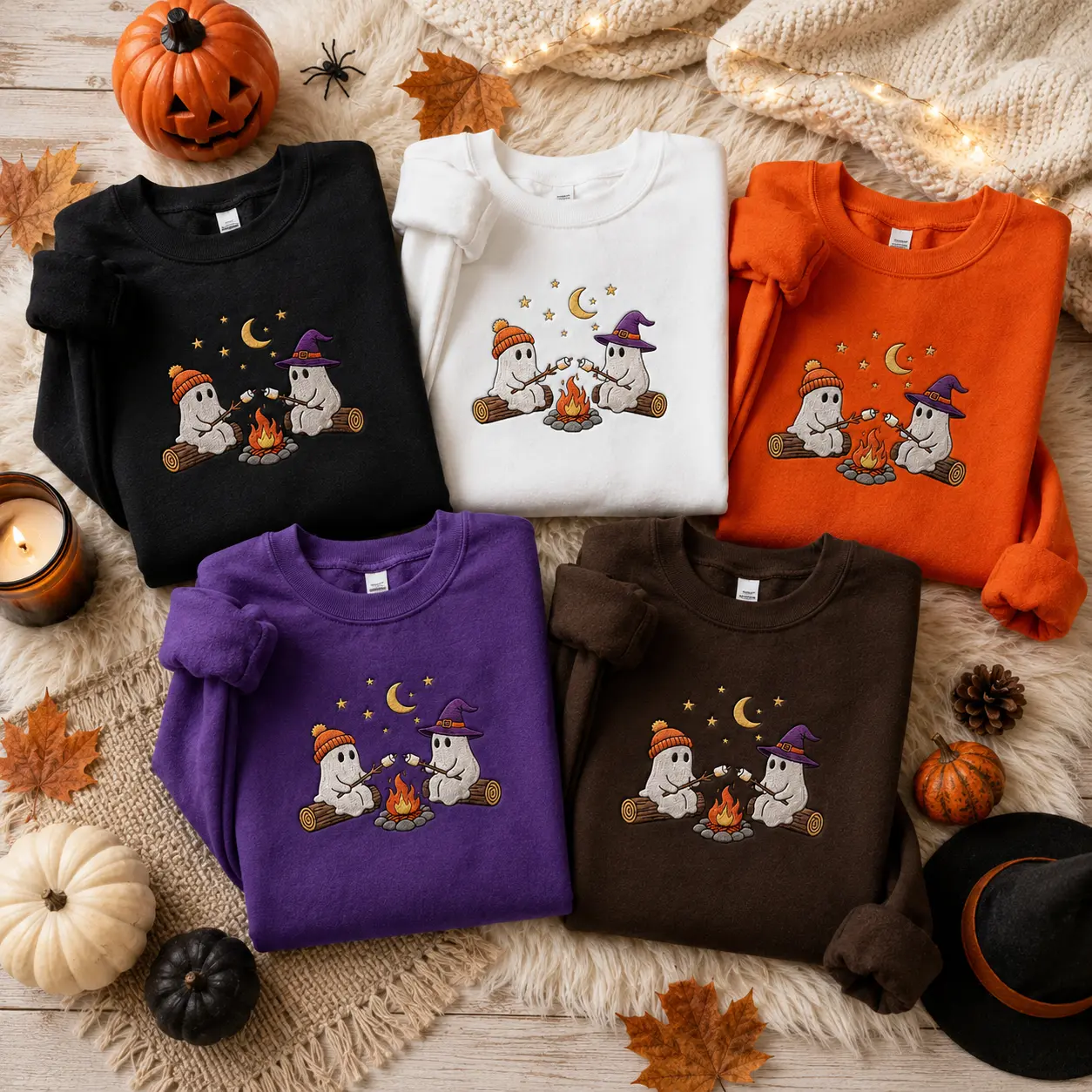 [Made in US] Ghosts Camping Sweatshirt Halloween Embroidered Crew Neck For Adults Autumn Festival Gift. Ghost Camping Design Sweatshirt Halloween Embroidered Apparel Fall Season Clothing. Embroidered Ghosts Sweats