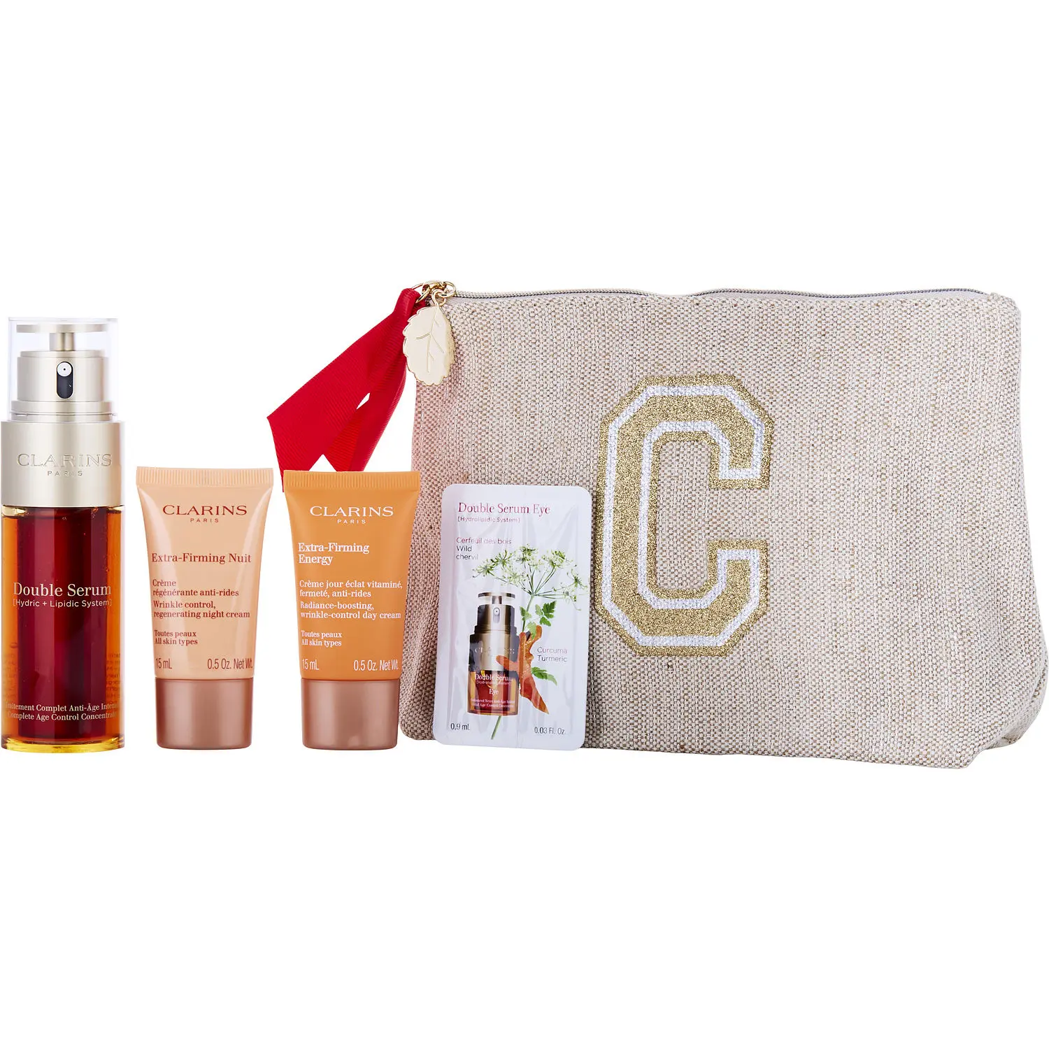Clarins Double Serum And Extra-Firming Collection: Double Serum Anti-Aging + Anti-Wrinkle Serum 1.6Oz + Extra-Firming Energy 0.5Oz +Extra-Firming Night 0.5Oz + Double Serum Eye 0.03Oz --4Pcs+Pouch For Women