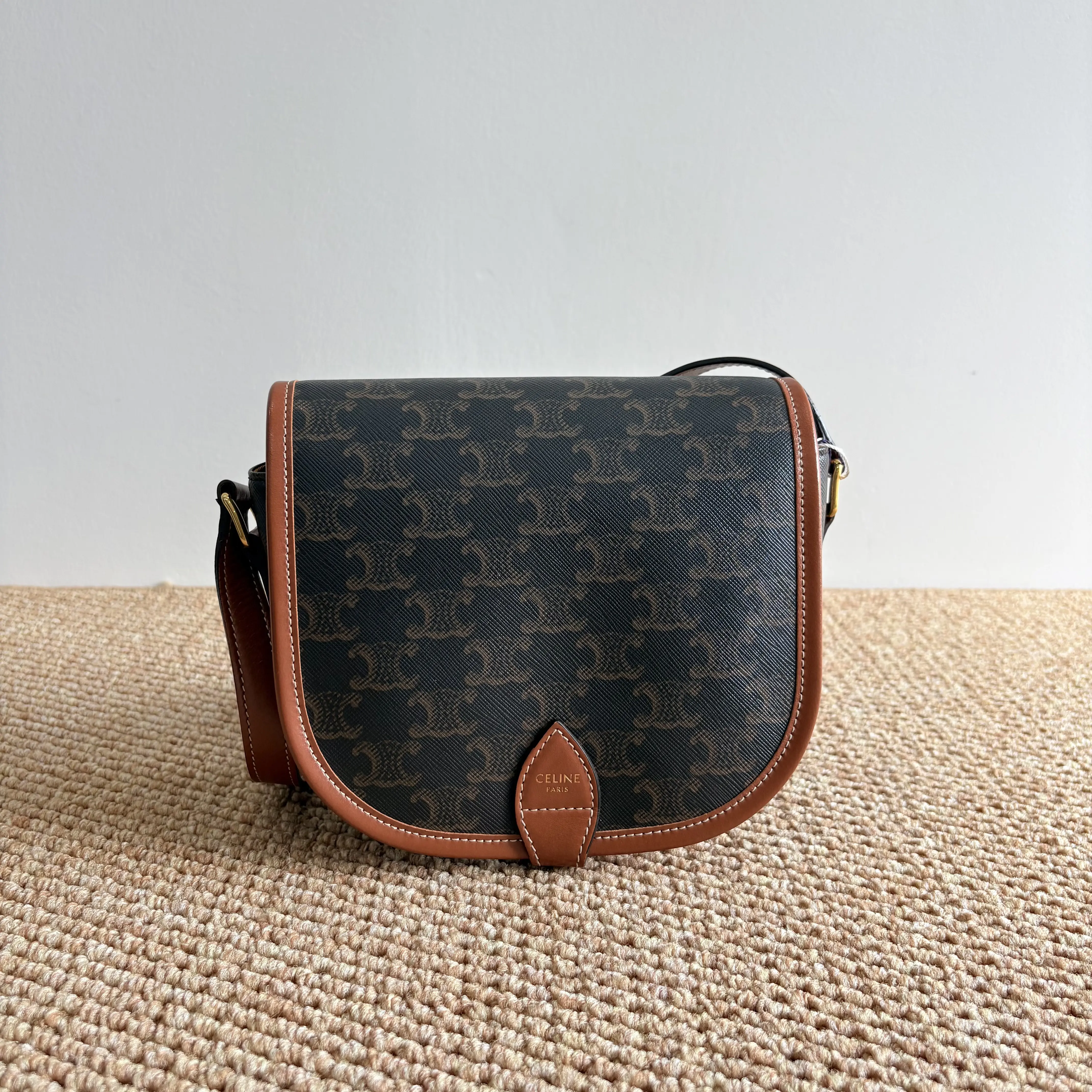 Pre-owned Celine Authentic Triomphe Monogram Saddle Bag Shoulder Crossbody Bag