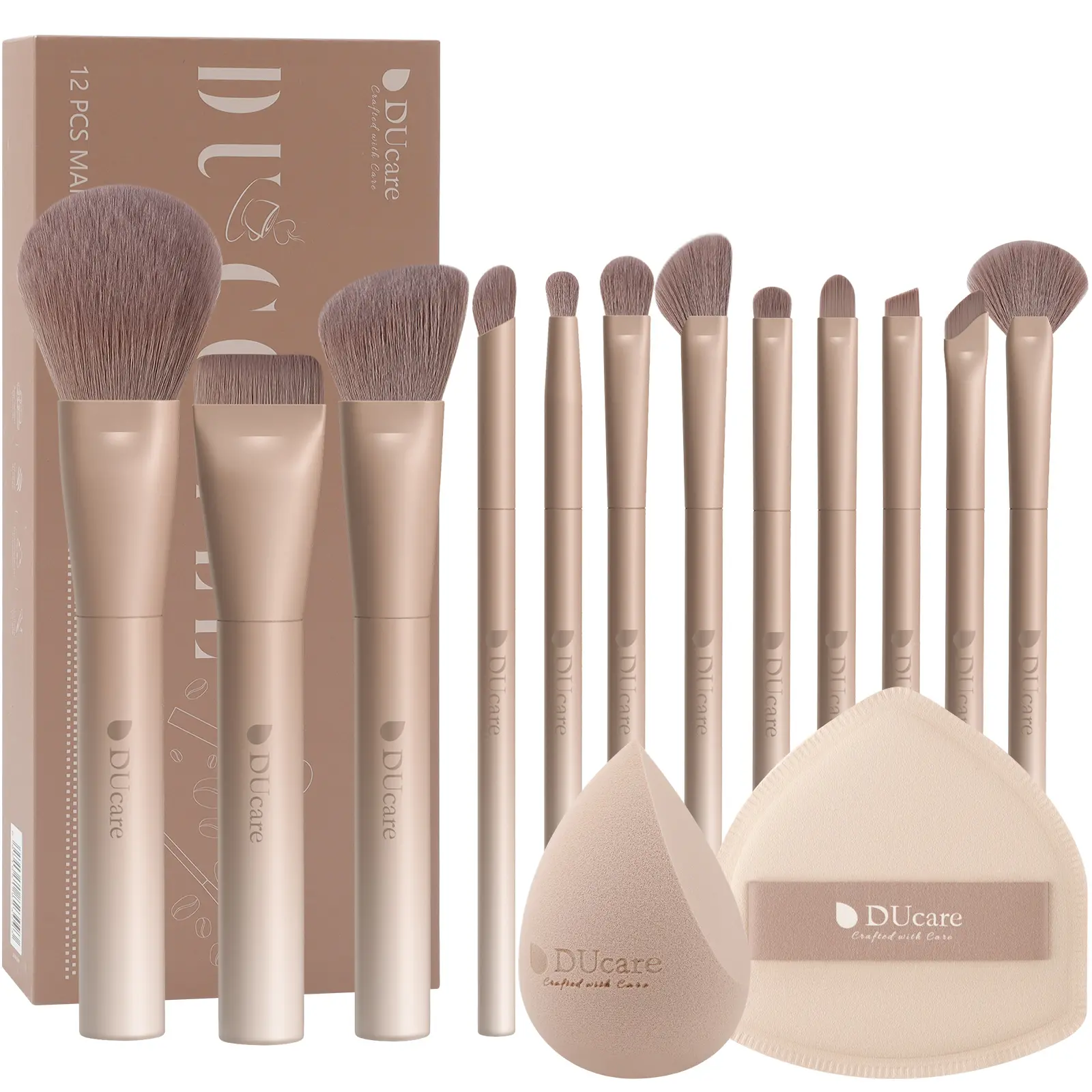 DUcare DU Coffee 12-Pcs Makeup Brushes Multi-Pack with Blending Duo Beauty Sponge & Puff, All-in-1 Kit for Beginners and Pros, Flawless Finish Essentials for Precise Application