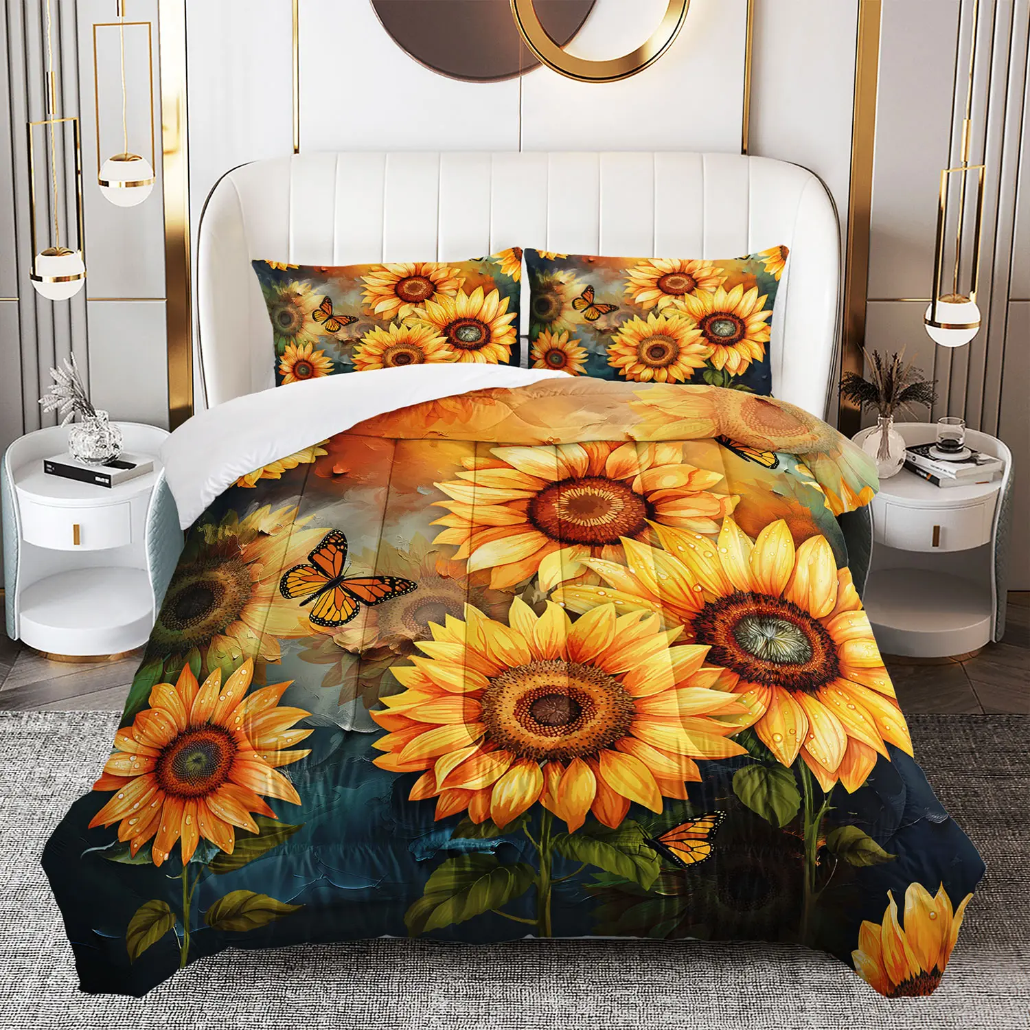 Queen 3-Piece Microfibre Comforter Set - Soft Warm Sunflower & Butterfly Bright Duvet Set, Down Alternative, Breathable All-Season Quilt, 2 Pillowcases, Floral Bedding for Girls, Machine Washable Gift
