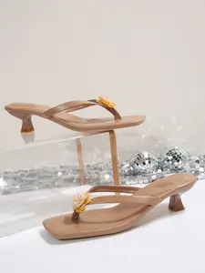 Burnt Flower Cat Heel Sandals, French Fairy Style Toe-Open Slippers, Square Toe Low Heel Design, Romantic Peony Decoration