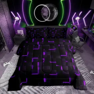 Feelyou 3D Geometric Checkered Comforter Set - Neon Black Purple Bedding Set with Plaid Abstract Design, Queen Size Comforter, Video Game Themed Decor for Kids, Comforter Queen Size