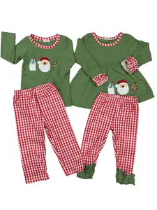 BLP0147--Boys embroidered Chrismas Santa Claus Cookies Milk Green Long Sleeve Pants Suit