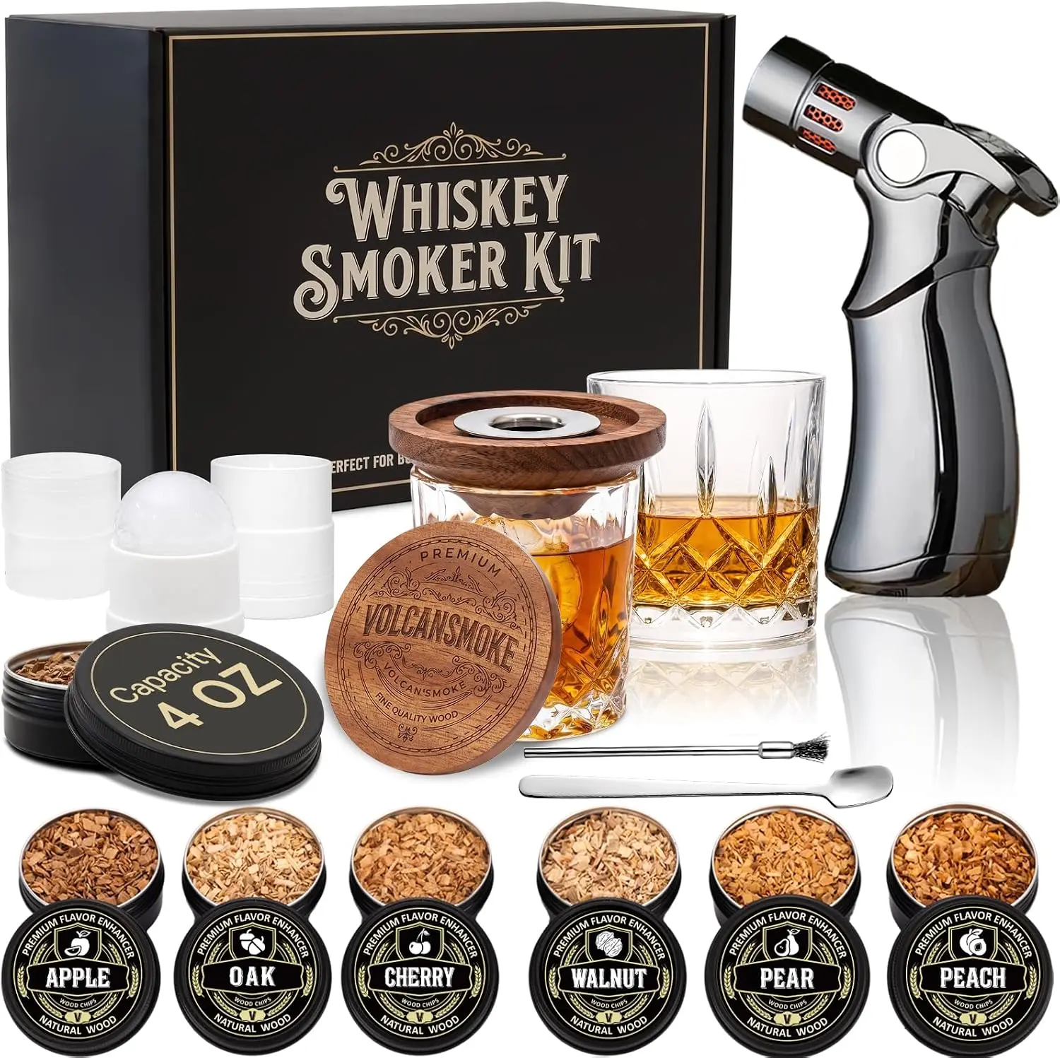 Cocktail Smoker Kit with Torch, 2 Glasses & 4oz 6-Flavor Wood Chips (100+ Drinks/Can) – No Butane Bar Set Gift for Bourbon Whiskey, Old Fashion Lovers