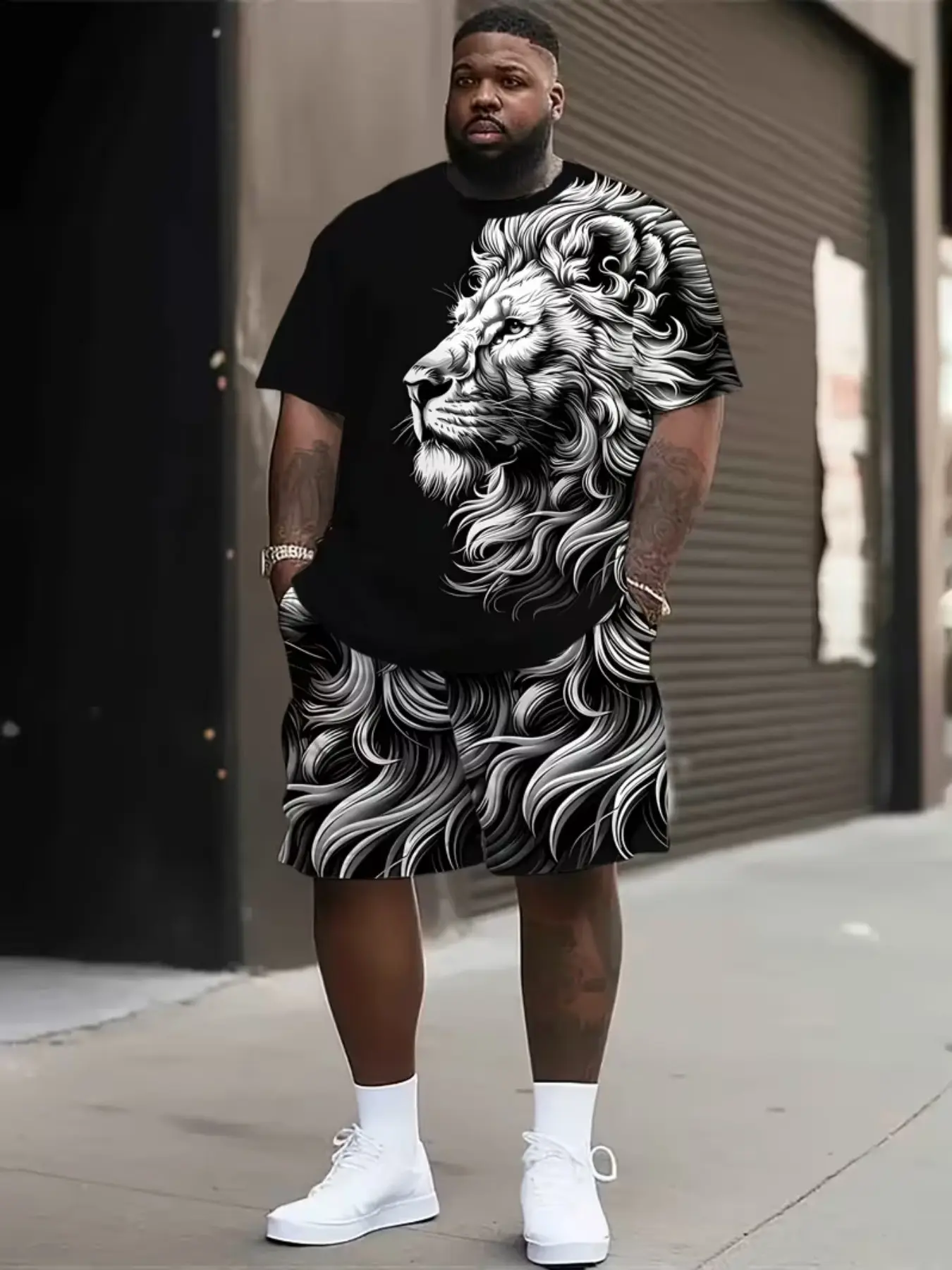 Men's 3D Print Graphic Lion Pattern Casual T-Shirt and Shorts Set Outfit, Fitted Style for Home Leisure, Outdoor Activities, and Gatherings, Menswear
