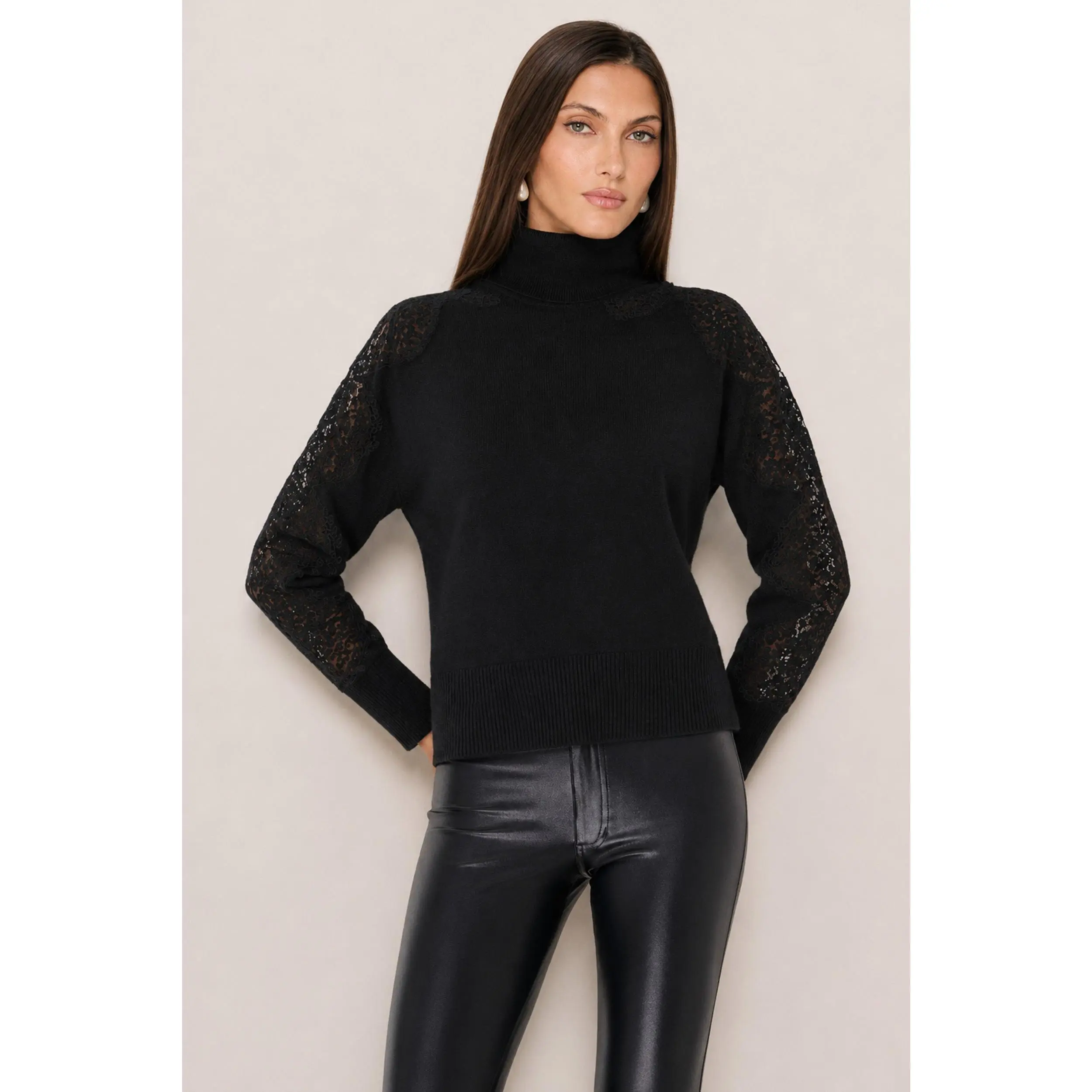 Camille Lace Turtleneck Sweater - Black