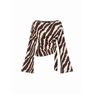 Cider Boat Neck Zebra Striped Belted Bell Sleeve Top