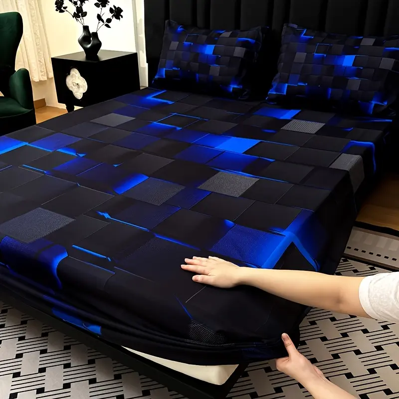 3pcs Digital Printing Plaid Bed Set - 1 Fitted Sheet, 2 Pillowcases (No Filling), 15in Deep Pocket, All-Season Bedding, Textile Mattress Protector for Home, Dormitory