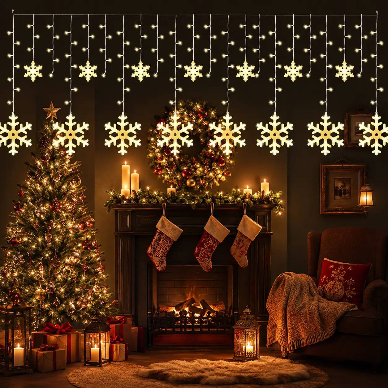Snowflake Christmas Curtain String Lights | 11.5Ft 158 LED Warm White, Battery Operated (Batteries Not Included), Connectable Indoor Outdoor Lights for Eaves, Window, Porch & Holiday Decor