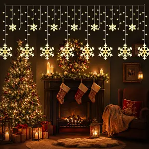 Snowflake Christmas Curtain String Lights | 11.5Ft 158 LED Warm White, Battery Operated (Batteries Not Included), Connectable Indoor Outdoor Lights for Eaves, Window, Porch & Holiday Decor