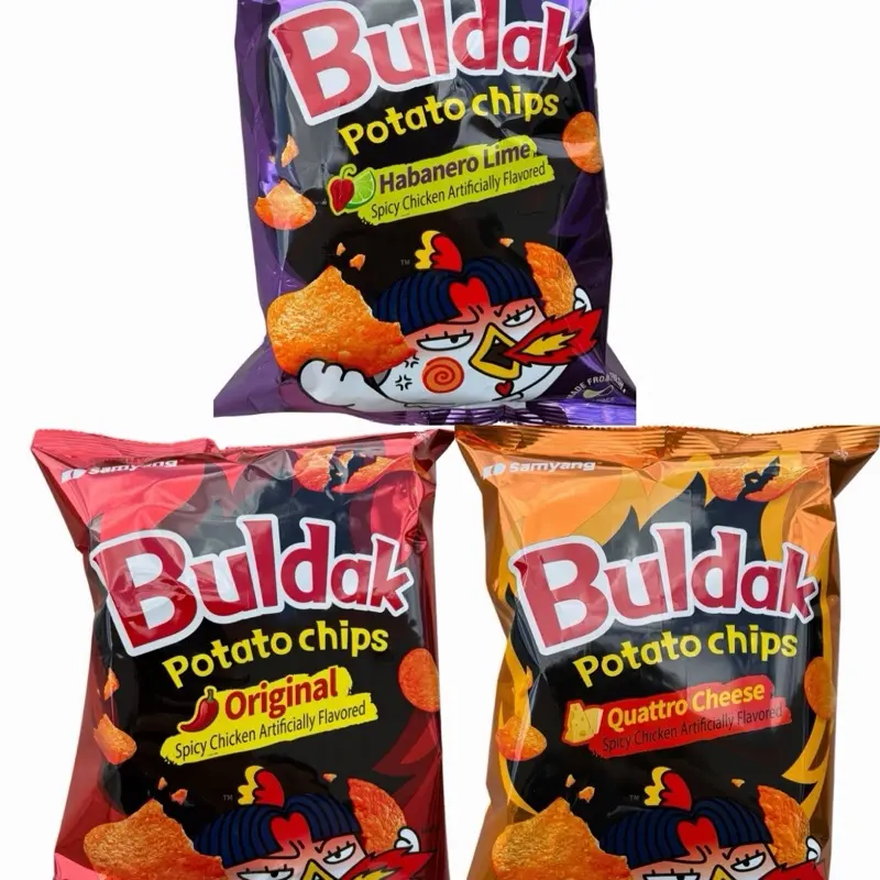 Buldak Potato Chips - Original, Habanero Lime, Quattro Cheese - Spicy Chicken Artificially Flavored Snacks 3 bag variety
