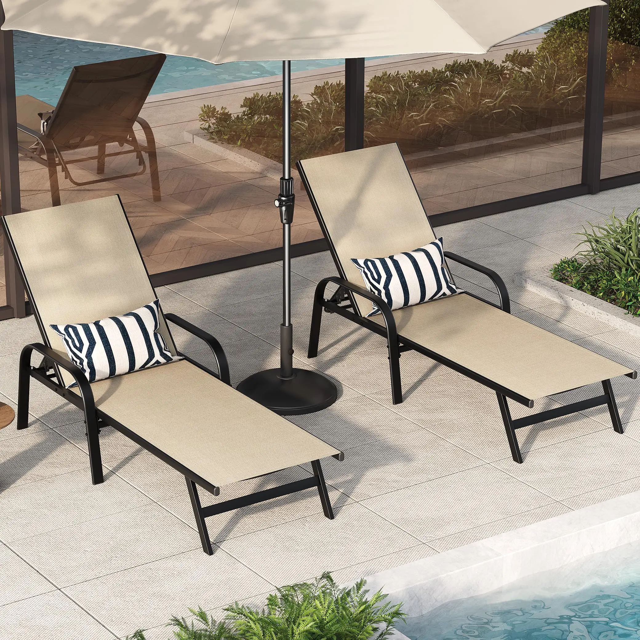 Ergonomic Adjustable Outdoor Lounge Chairs Set of 2 – 5-Position Reclining Patio Chaise, Breathable Textilene Fabric, Comfort for Garden, Poolside, Balcony, Backyard