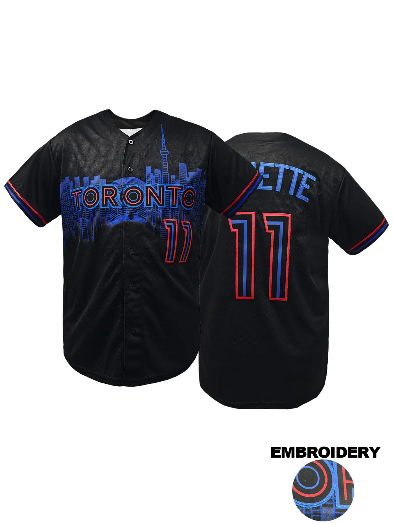 Men's TORONTO #11 Black City Print Letter Embroidered Baseball Jersey, Loose V-Neck Baseball Shirt,Short Sleeve Button Up Sportswear Top For Street Hip Hop, Baseball, Golf Training