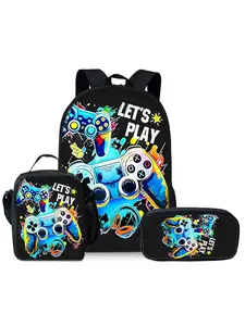 Gamepad printed 17-inch Cute School Backpack three-piece set (single-layer backpack + shoulder strap round lunch bag + single-layer pencil bag)