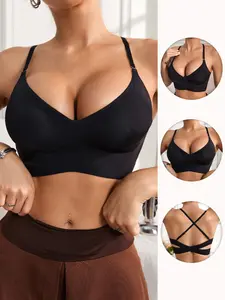 Women's Plain Sexy Fit Push-Up No-Wire Bralette Bra, Cross-Back Shoulder Straps, Lined Everyday Bra, Multiple Wear Options