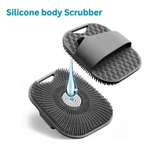 Gentle Exfoliating Shower Body Scrubber – Silicone Loofah for Men & Women, Soft Bristles for Sensitive Skin, Rich Lather Bath Brush with Anti-Slip Handle (Gray)
