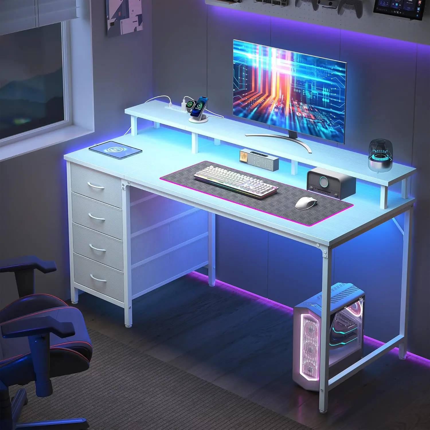 40 Inch Computer Desk with 4 Drawers, Gaming Desk with Power Outlets and LED Lights, Office Workstation for Small Spaces with Monitor Shelf, Writing Table for Home Office Bedroom Study White