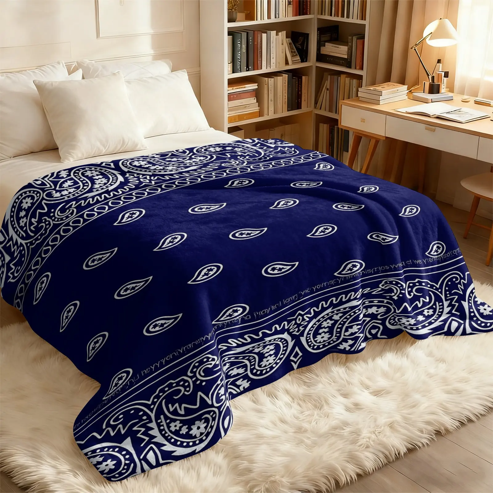 Navy Blue Paisley Camo Flannel Blanket, Soft Comfy Blanket, White Paisley Square Scarf Style Fesign, Soft Thick Lightweight Car Camping Travel Throw Cover, Street Style Office Nap Throw Blanket, Sofa Bed Throw Decor, Soft Blankets