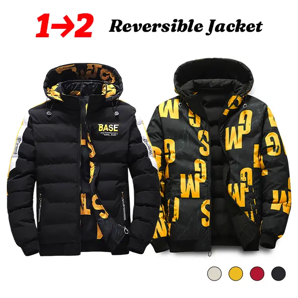 Men’s reversible hooded thick cotton jacket with black/yellow letter print, wearable both ways, autumn/winter windproof warm casual outerwear Fleece Menswear Coats Tops Long Sleeve Lawn Operator