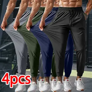 Men’s summer lightweight four-pack ice silk jogger pants, elastic and breathable, available in multiple colors, suitable for gym workouts and outdoor activities.