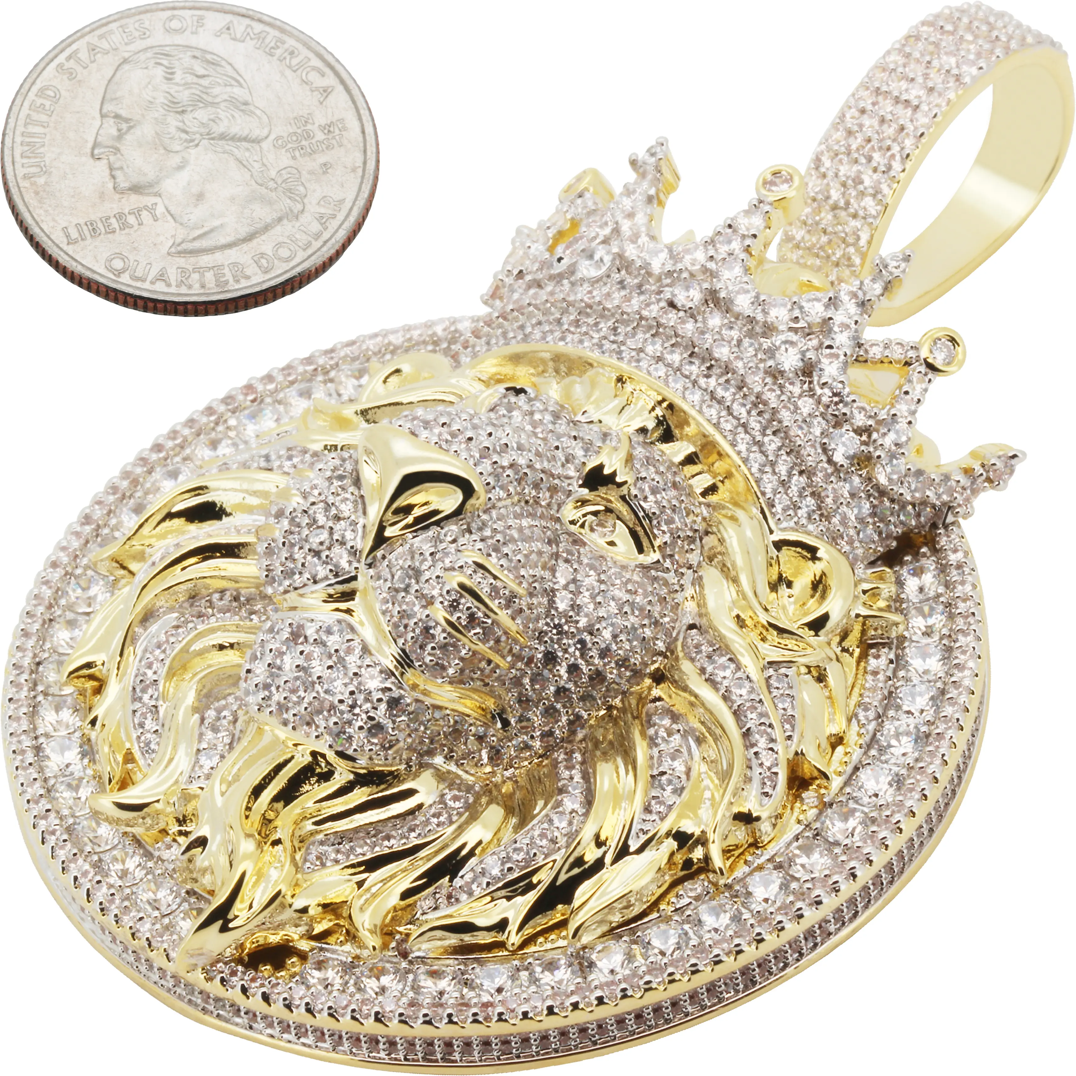 14k Yellow/White Gold Plated AAA Cubic Zirconia Two-Tone Lion Head Crown Pendant