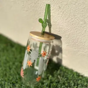 Cactus Glass 16 oz Tumbler with Glass Cactus Straw - Decorative Design for Drinkware