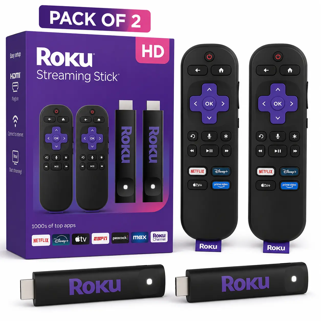 (2 Pack) Roku Streaming Stick HD with Voice Remote | Compact 4K Streaming Device for TV with Roku Voice Remote & Long-Range Wi-Fi - Free & Live Local News, Sports