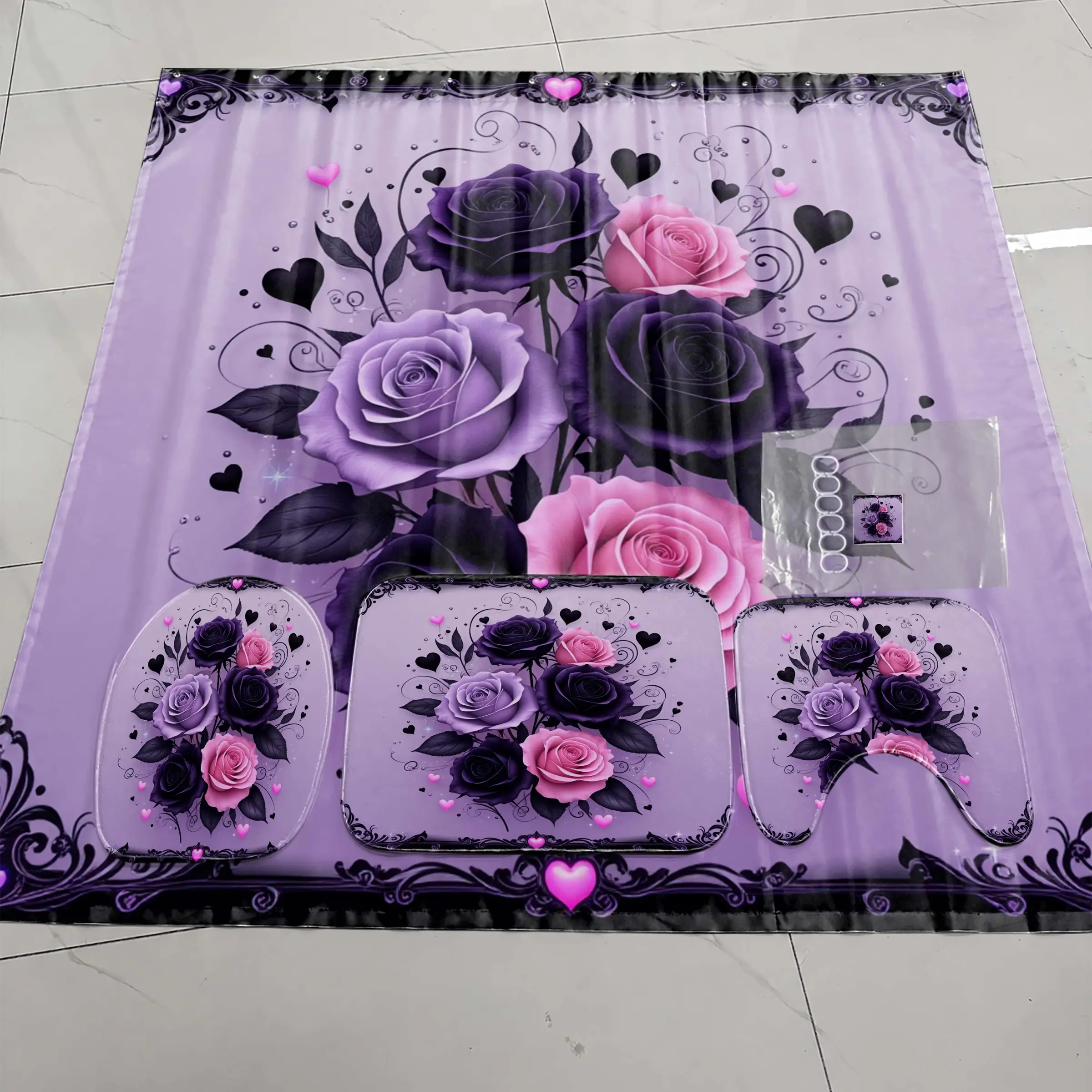1pc/4pcs 2D Flat Valentine's Day Heart and Floral Pattern Multi-Color Background Shower Curtain, Decorative Shower Curtain, Home Bathroom Art Decoration, Shower Curtain Set with 12 Hooks, Bathroom Non-Slip Mat, Toilet Seat Cover, Holiday Decoration