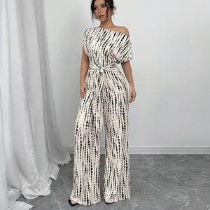 Women's All Over Print Tie Front Wide Leg Jumpsuit, Casual Asymmetrical Neck Batwing Jumpsuit for Spring & Fall, Women's Clothes for Daily Wear