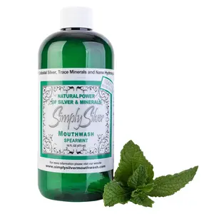 Simply Silver Spearmint Mouthwash with nano hydroxyapatite, xylitol, baking soda and trace minerals to help strengthen enamel and support a healthy oral microbiome,8+ pH
