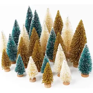 Aerwo 24Pcs Mini Christmas Trees Bottle Brush Trees with Wood Base, Christmas Village Trees for Tabletop Christmas Decor Holiday Winter Decorations AerWo