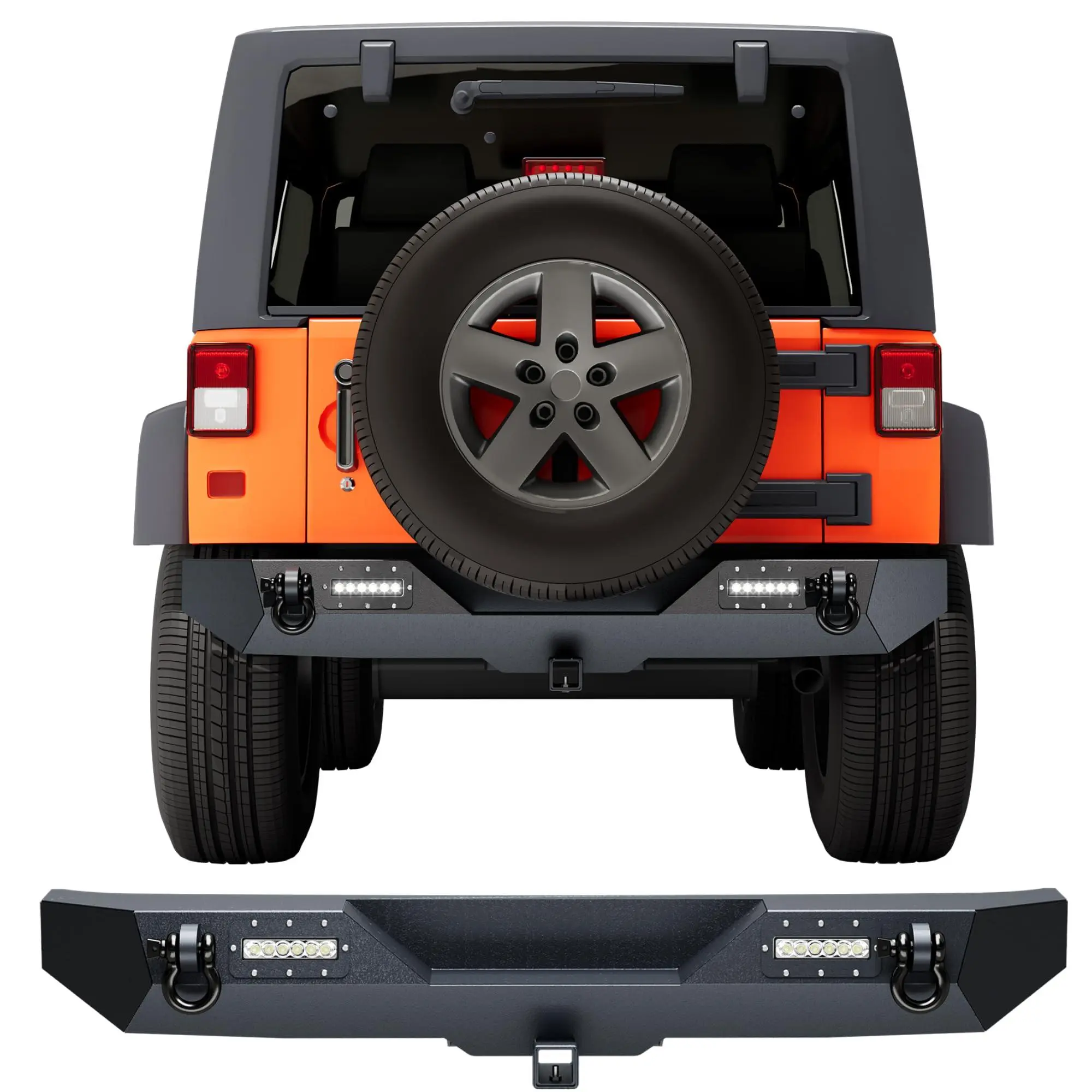 GARVEE Heavy-Duty Steel Rear Bumper for 2007-2018 Wrangler JK & JKU (2/4 Doors), Full Width Off-Road Rock Crawler Bumper with 2 LED Lights & D-Ring Tow Points