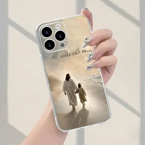 Phone Case - A Phone Case Featuring an Uplifting Religious Design That Includes The Phrase "He Walks with Me..." Against a Peaceful Beach Backdrop with a Figure And a Child, Embodying a Faith-Driven And Comforting Aesthetic. It Is a Soft TPU Tra