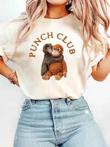 Punch Club Monkey Hug Doll Print T-Shirt, American Vintage Style Loose Fit Short Sleeve Top, Casual Fashion for Men and Women, Lady