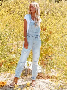 New Spring Summer Washed Light Blue Ripped Loose Fit Denim Overall, Comfortable Harem Style, Casual Adjustable Straps, All Seasons