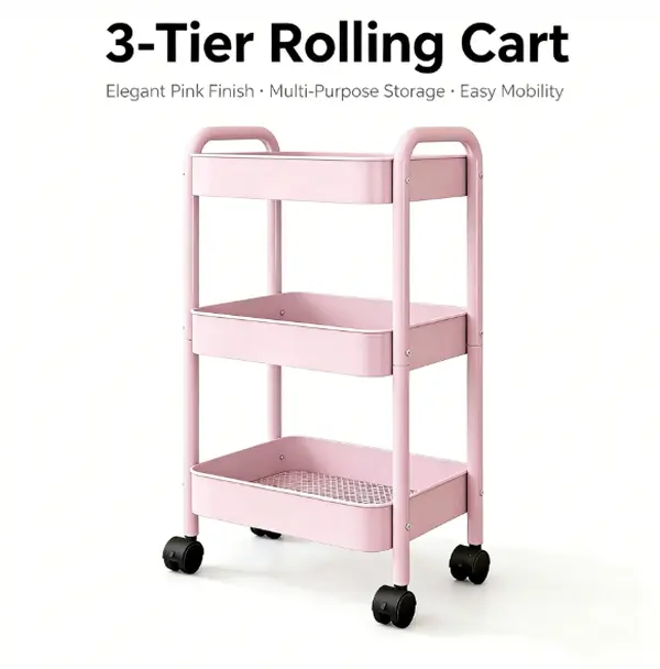 Cute Pink 3 Tier Metal Rolling Utility Cart with Lockable Wheels, Multi-Purpose Storage Organizer Cart, Makeup Beauty Cart for Bathroom Kitchen Office Craft Room Esthetician Salon, Mobile Snack Toy Storage Rack Home Organization Solution
