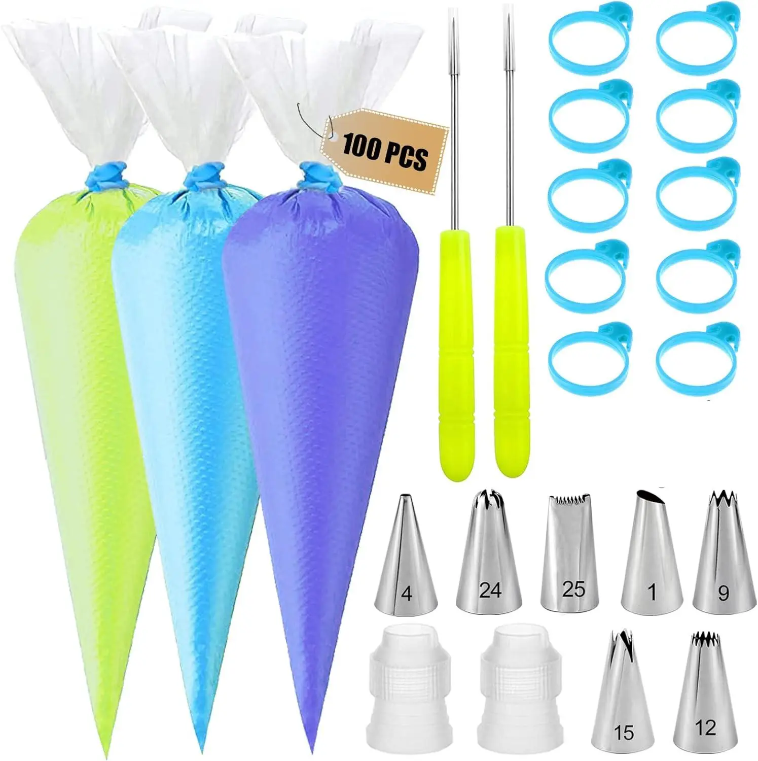 Piping Bags and Tips Set - 100 12Inch Disposable Pastry Piping Bags for Royal Icing with 7 Frosting Tips, 10 Icing Bags Ties, 2 Scriber Needle - Tipless Piping Bags Kit  Bakeware Desserts Plastic graduation gift