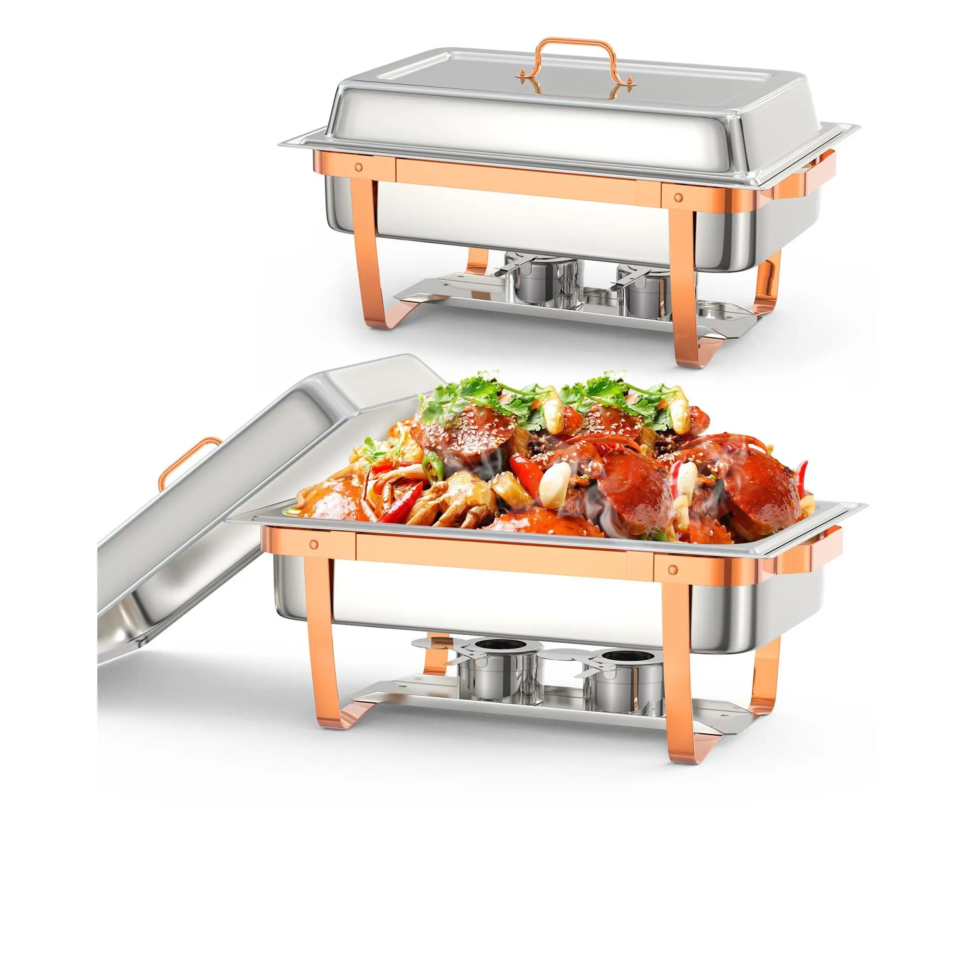 GARVEE 2 Pack and 4 Pack 8QT Rectangle Chafing Dish Buffet Sets in Rose Gold Stainless Steel with Lid Holders, Perfect for Kitchen, Party, Banquet, and Dining Use Food Warmers