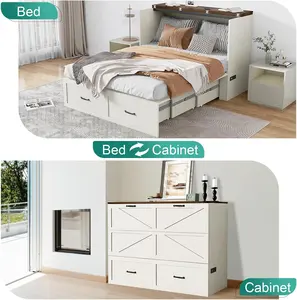 Queen /Full Size Murphy Chest Bed with Drawer and Charging Station, Farmhouse Wood Space-Saving Hidden Folding Bed Chest, Multifunctional Storage Cabinet Beds for Bedroom, Office,