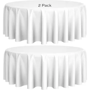 [2 Pack] 120" Round  Tablecloths for Wedding | Banquet | Restaurant | 200 GSM Washable Fabric Table Cloth | White