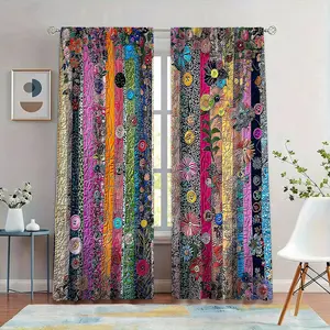 Bohemian Patchwork Curtains, Window Curtain, Ethnic Style Drapes, Colorful Floral Button Print, High Precision Fabric Insulation Sunshade