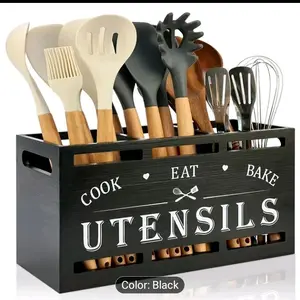 Oversized Black Wooden Utensil Storage for Farmhouse-Style Kitchens, Designed to Hold Cutlery And Spatulas, Serving As a Caddy for Silverware And Wooden Cooking Tools on The Kitchen Countertop