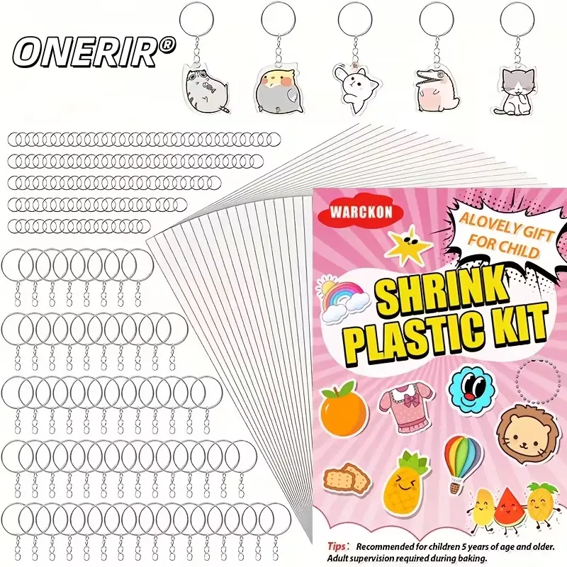 ONERIR 215 Pcs Heat Shrink Plastic Sheets Kit 15 A5 Size Shrink Film Sheets + 100 Keychain Accessories + 100 Open Jump Rings DIY Craft Supplies for Handmade Shrink Ornaments  Keychain Making
