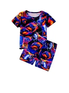 Boy Round Neck Short Sleeve Pajama Set, Round Neck Pajamas, Cartoon Digital Print, Lightweight Comfortable, Daily Home Wear, 2-Piece Sleepwear