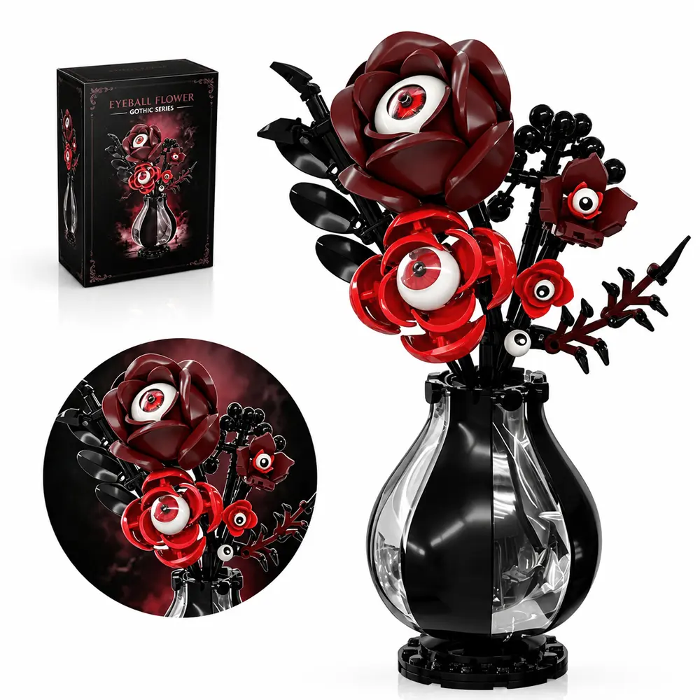 Gothic Eyeball Flower Building Set with Vase, Creepy Gothic Rose Bouquet, Dark Aesthetic Decor, Horror Desk Decor, Halloween Decoration, Brick Flower Kit, Gothic Room Decor, Unique Gift for Goth Girls, Horror Fans, brick building sets,halloween decor