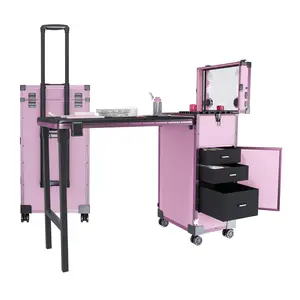 Portable Nail Art Table w LED Mirror Bluetooth Lockable Drawers Telescopic Pole Folding Manicure Station for Salons Pink Professional Salon Solution