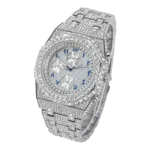 Men's Silver 43mm Arabic Diamond Watch with Fully Iced Band Octagon Dial Adjustable Strap Precise Japanese Quartz Movement Casual Trendy Wristwatch