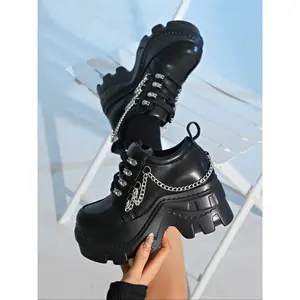 New Cool Dark Style Thick Sole Leather Shoes for Women, Chain Decoration Platform Lace-Up Single Shoe, Fashionable and Comfortable Footwear, Platform Walking ShoesRAIMENTRY