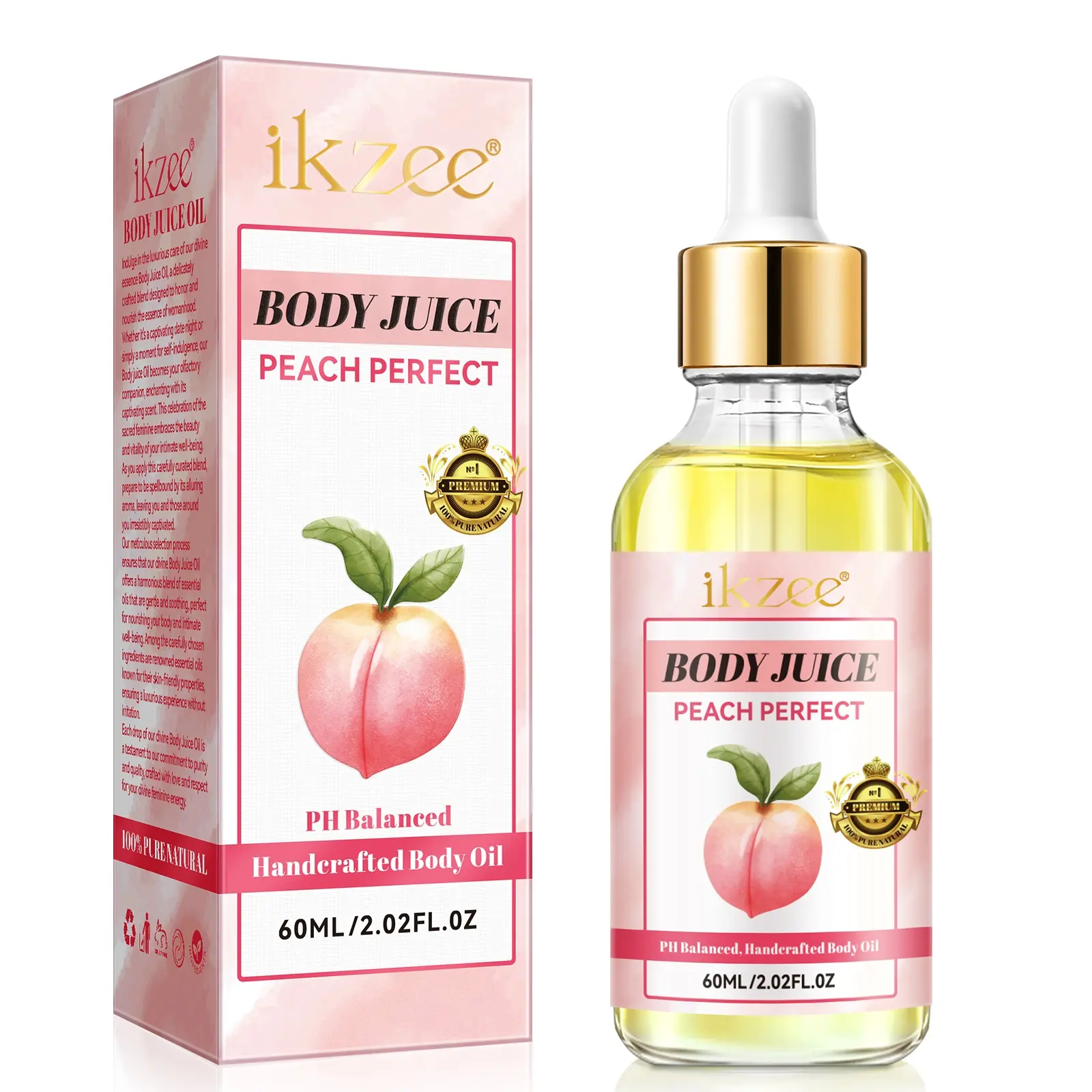 Ikzee Body Juice Oil 60ML Perfect Peach Flavor, Natural Scented Moisturizing & Hydrating Formula, Ideal for Daily Skin Care Routine